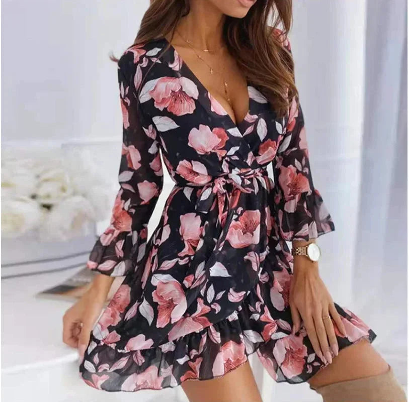 Short Floral Print Dress for Women with Ruffled Sleeves