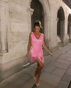 Short Women's Evening Dress with Shiny Fringes, Sleeveless