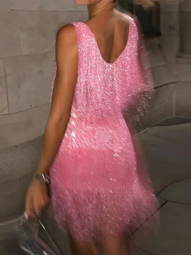 Short Women's Evening Dress with Shiny Fringes, Sleeveless