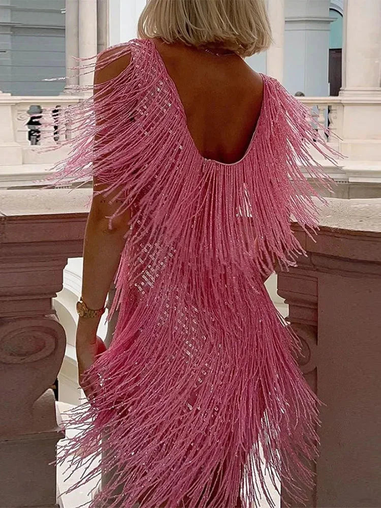 Short Women's Evening Dress with Shiny Fringes, Sleeveless