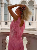 Short Women's Evening Dress with Shiny Fringes, Sleeveless
