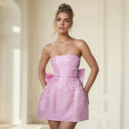 Short Jacquard Dress for Women with Strapless Design and Open Back