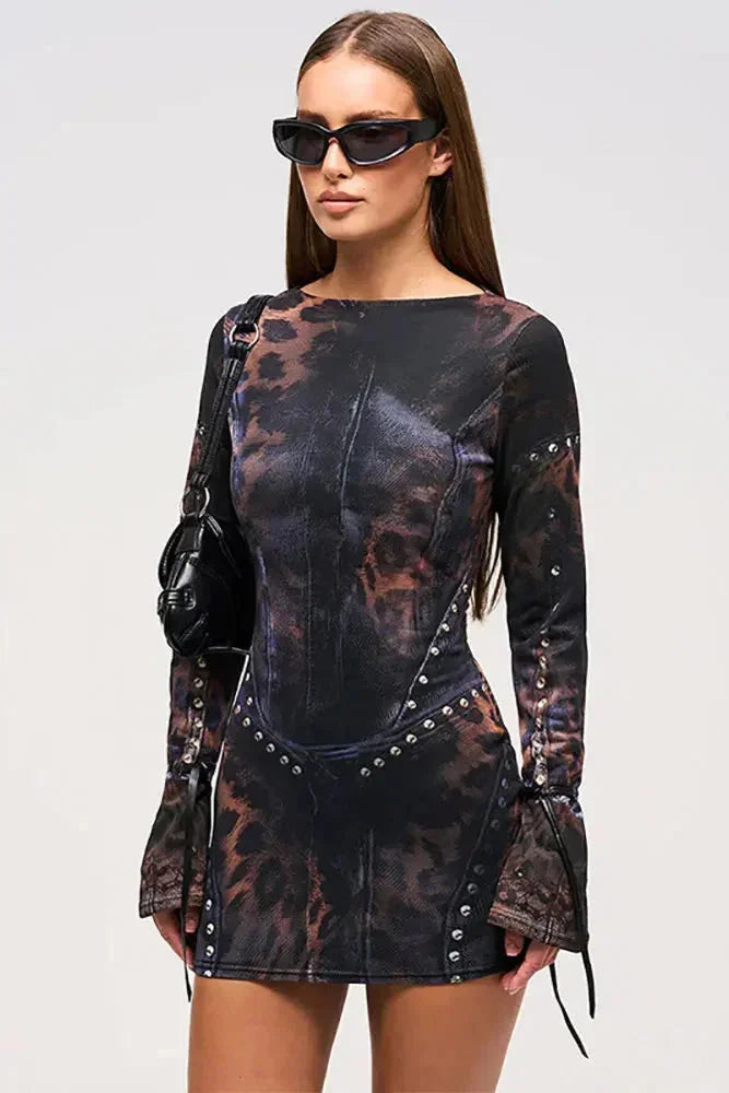 Short Women’s Dress with Abstract Print and Studs, Long Sleeves
