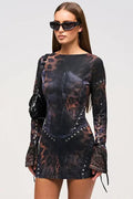 Short Women’s Dress with Abstract Print and Studs, Long Sleeves