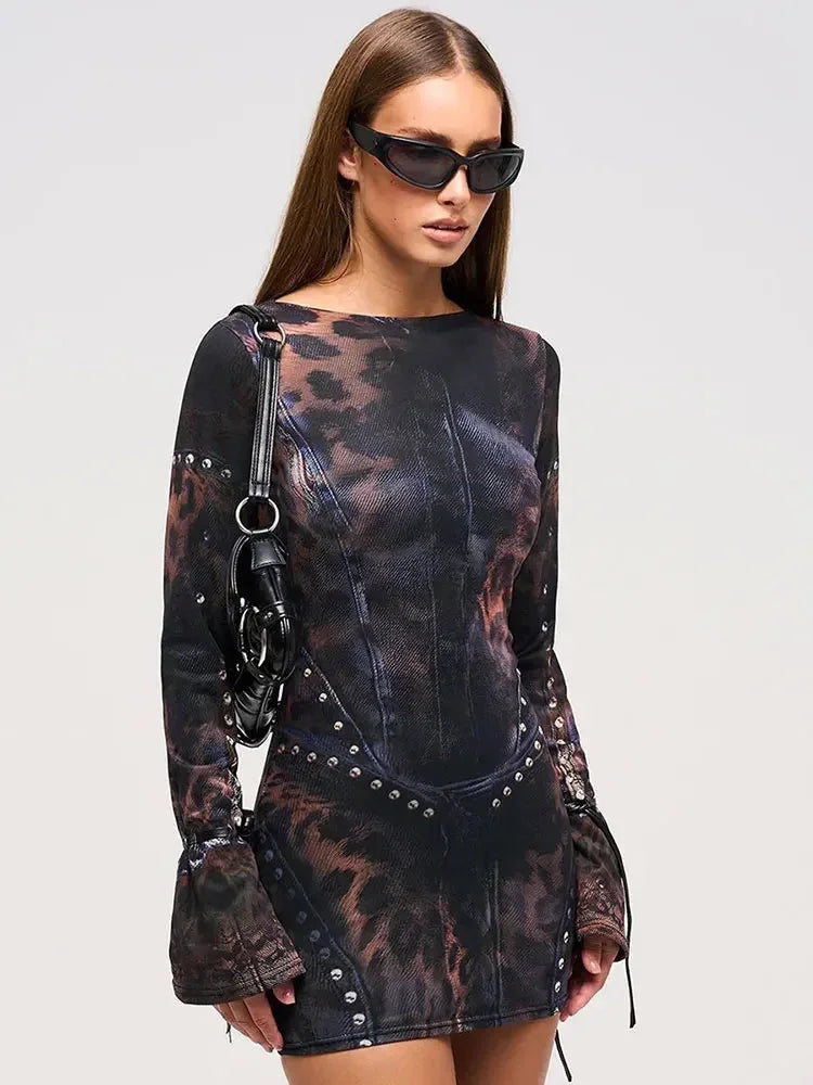 Short Women’s Dress with Abstract Print and Studs, Long Sleeves