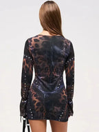 Short Women’s Dress with Abstract Print and Studs, Long Sleeves