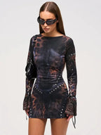 Short Women’s Dress with Abstract Print and Studs, Long Sleeves