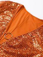 Short women's shimmering dress with plunging neckline and flared sleeves