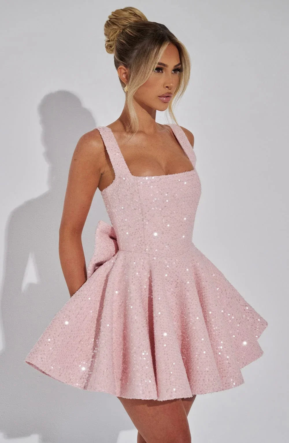 Short Sparkly Dress for Women with Straps and Bow