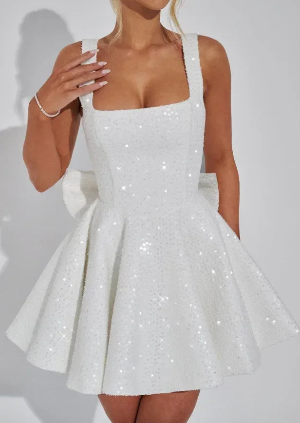 Short Sparkly Dress for Women with Straps and Bow