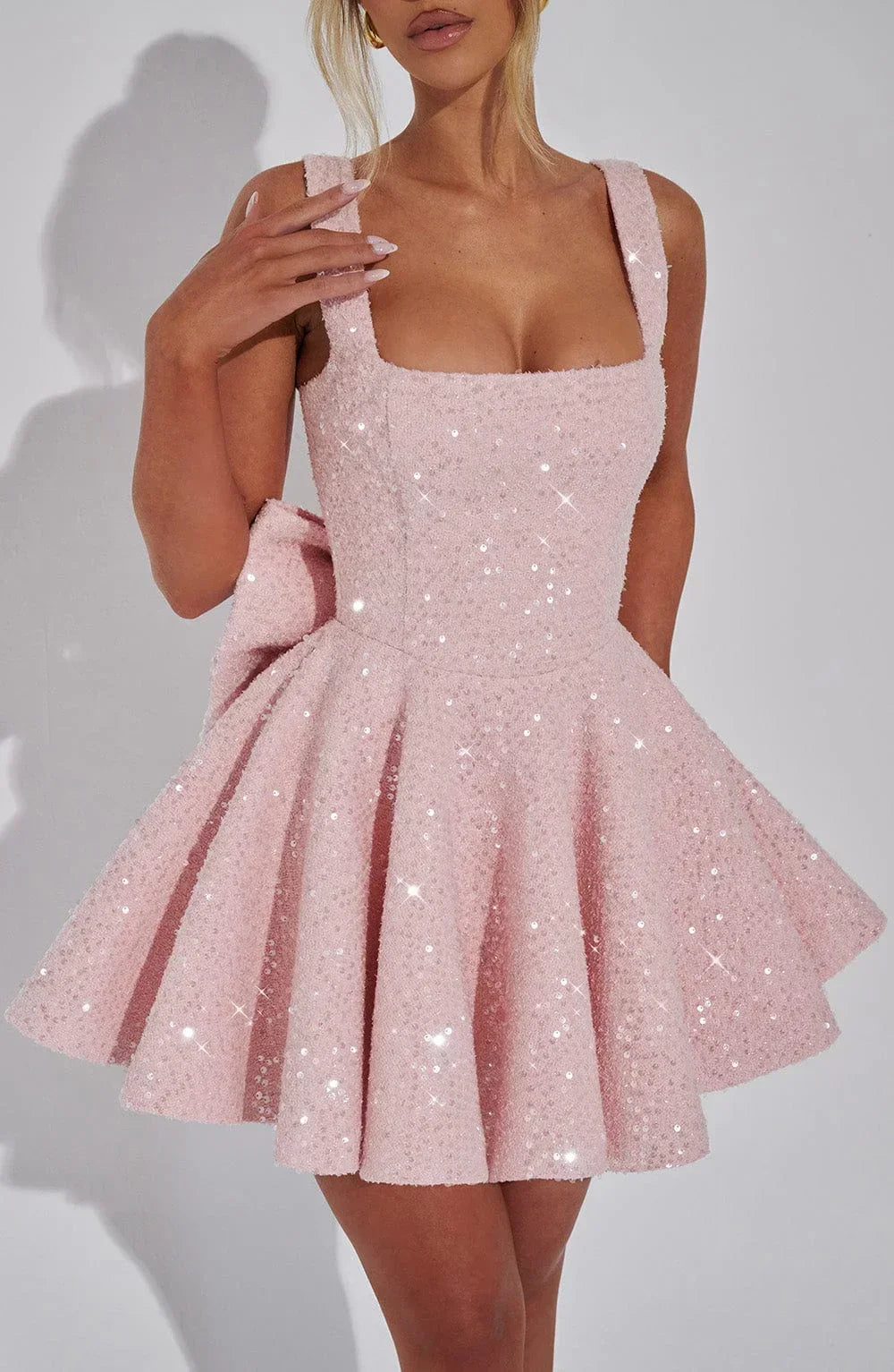 Short Sparkly Dress for Women with Straps and Bow