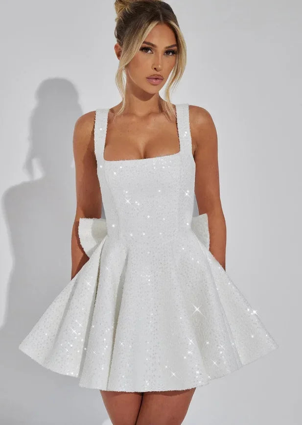 Short Sparkly Dress for Women with Straps and Bow