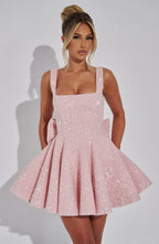 Short Sparkly Dress for Women with Straps and Bow