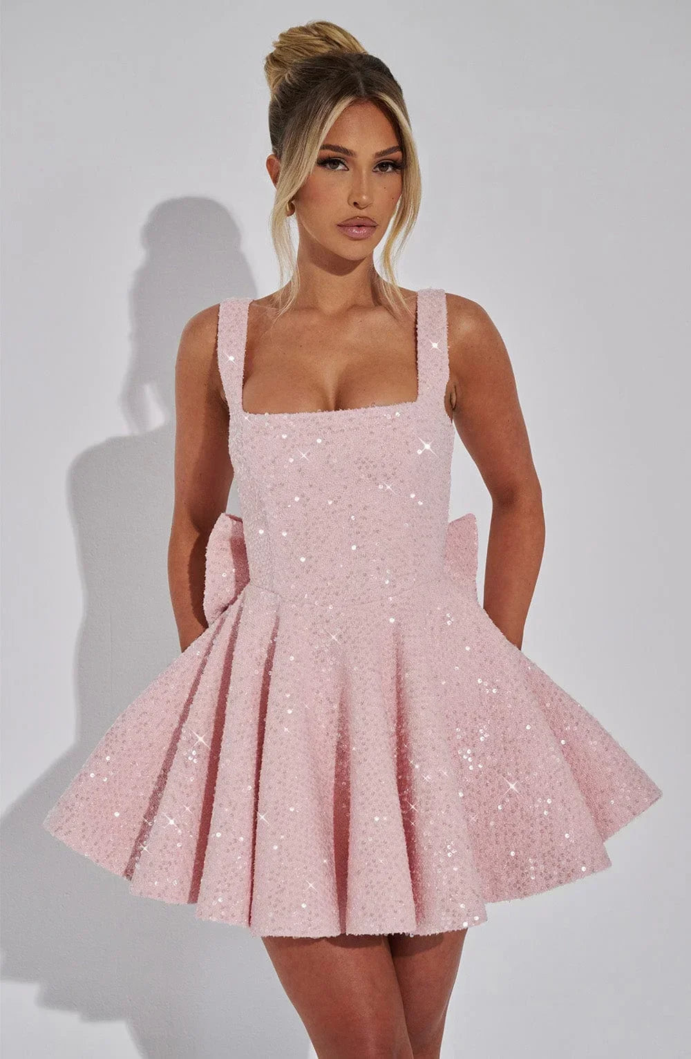 Short Sparkly Dress for Women with Straps and Bow