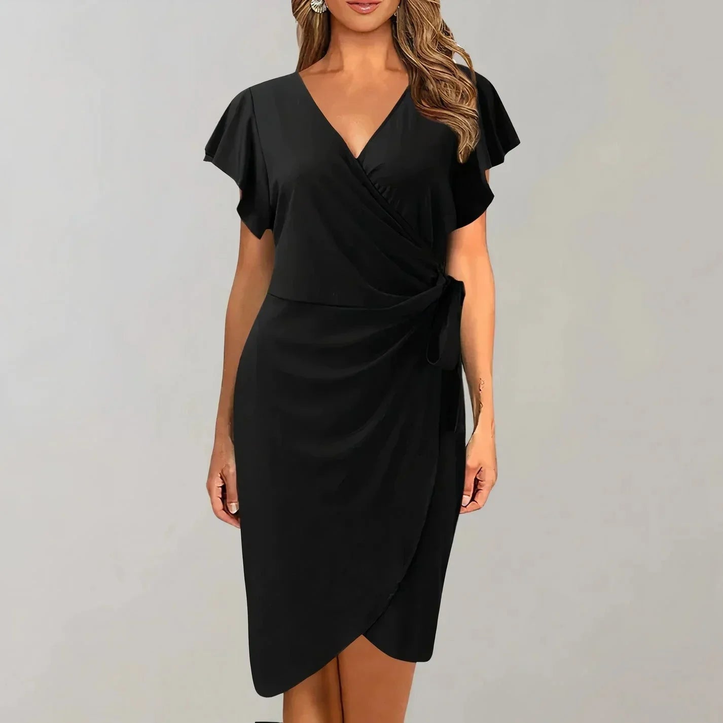 Short Wrap Dress with Short Sleeves and V-Neck with Bow