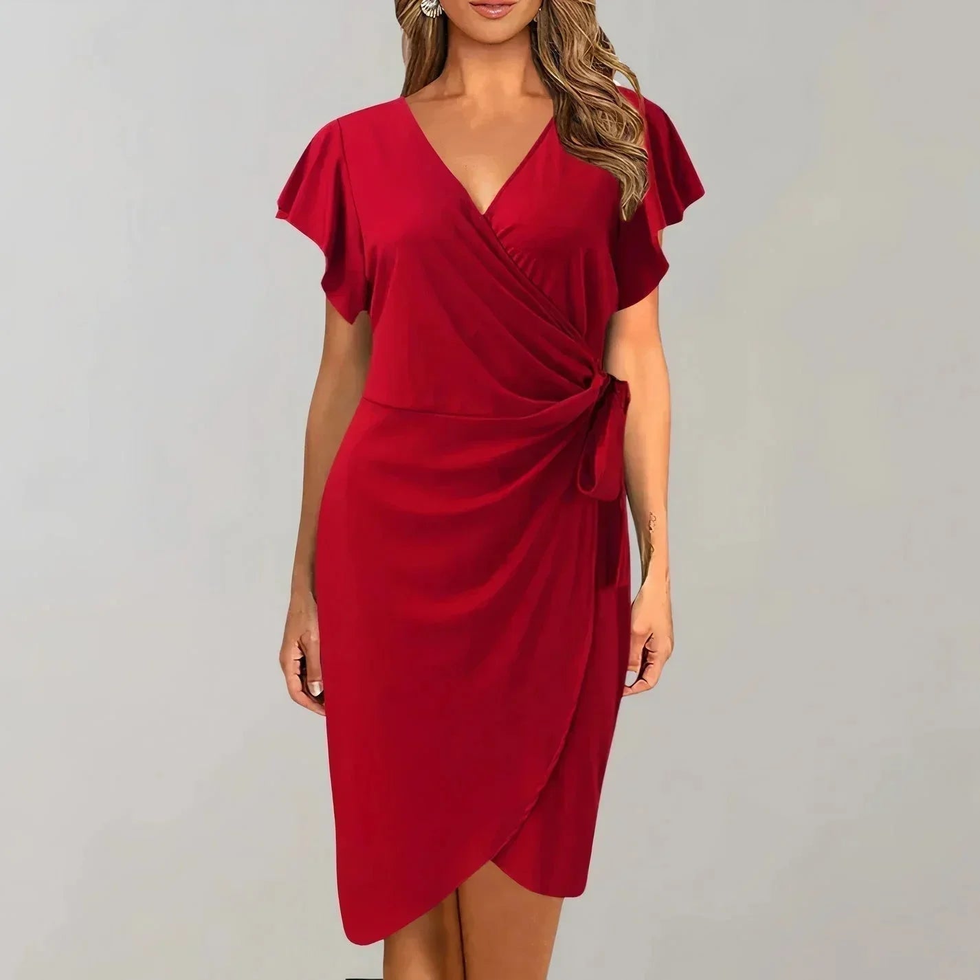 Short Wrap Dress with Short Sleeves and V-Neck with Bow