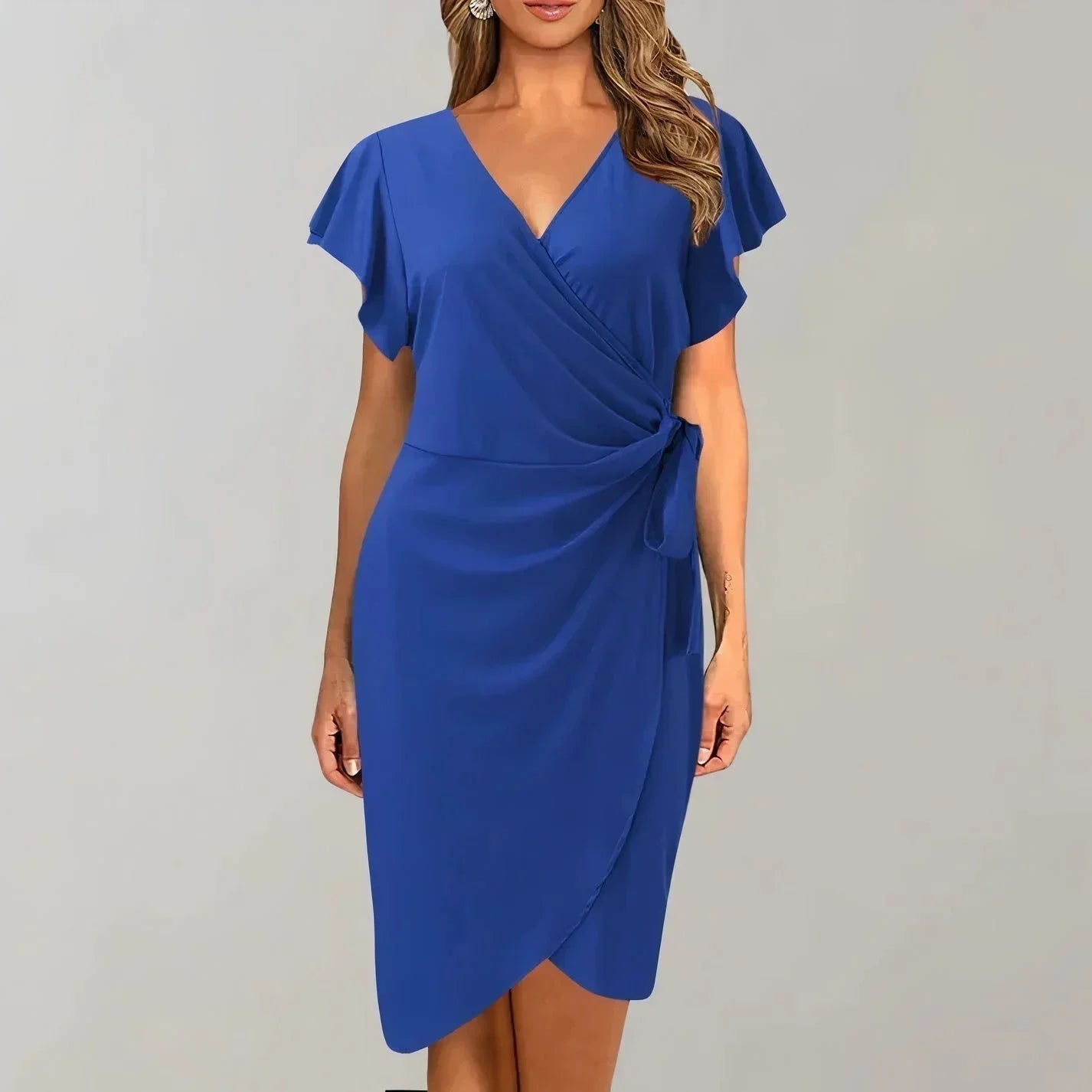 Short Wrap Dress with Short Sleeves and V-Neck with Bow