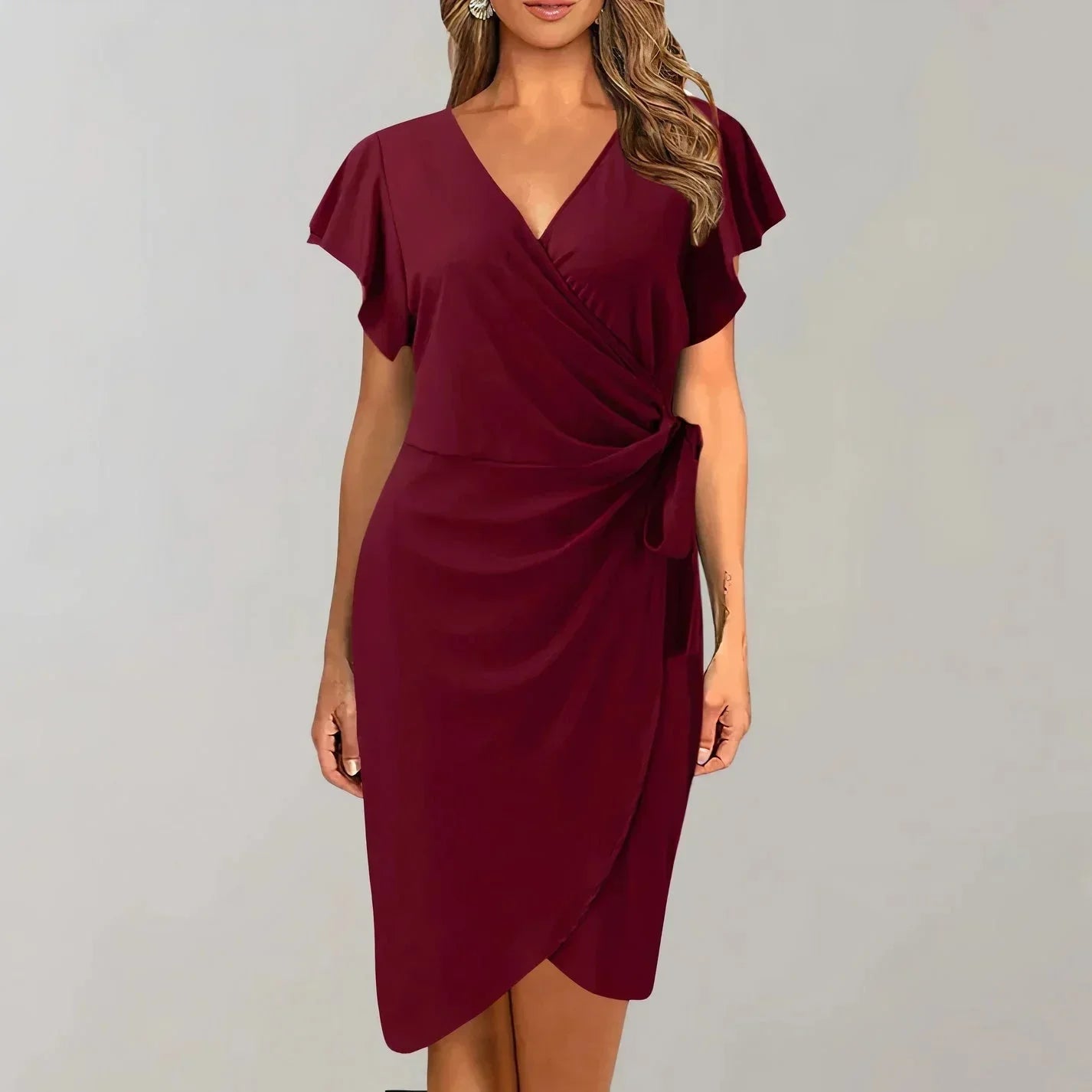 Short Wrap Dress with Short Sleeves and V-Neck with Bow
