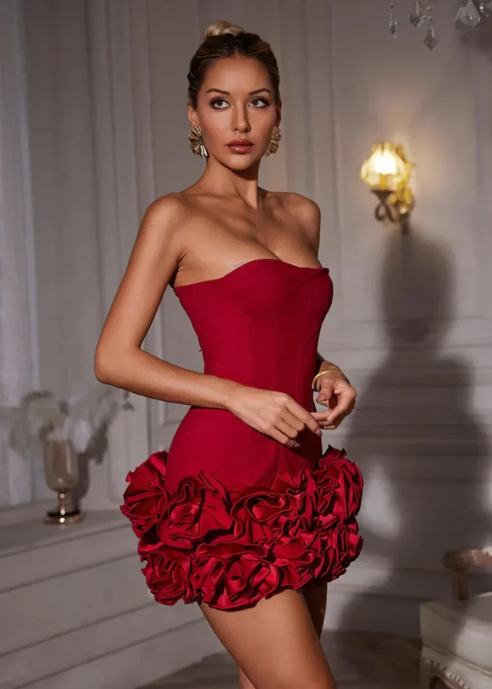 Red Short Strapless Dress with Floral Details