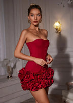 Red Short Strapless Dress with Floral Details