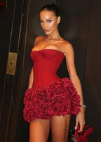 Red Short Strapless Dress with Floral Details