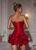 Red Short Strapless Dress with Floral Details