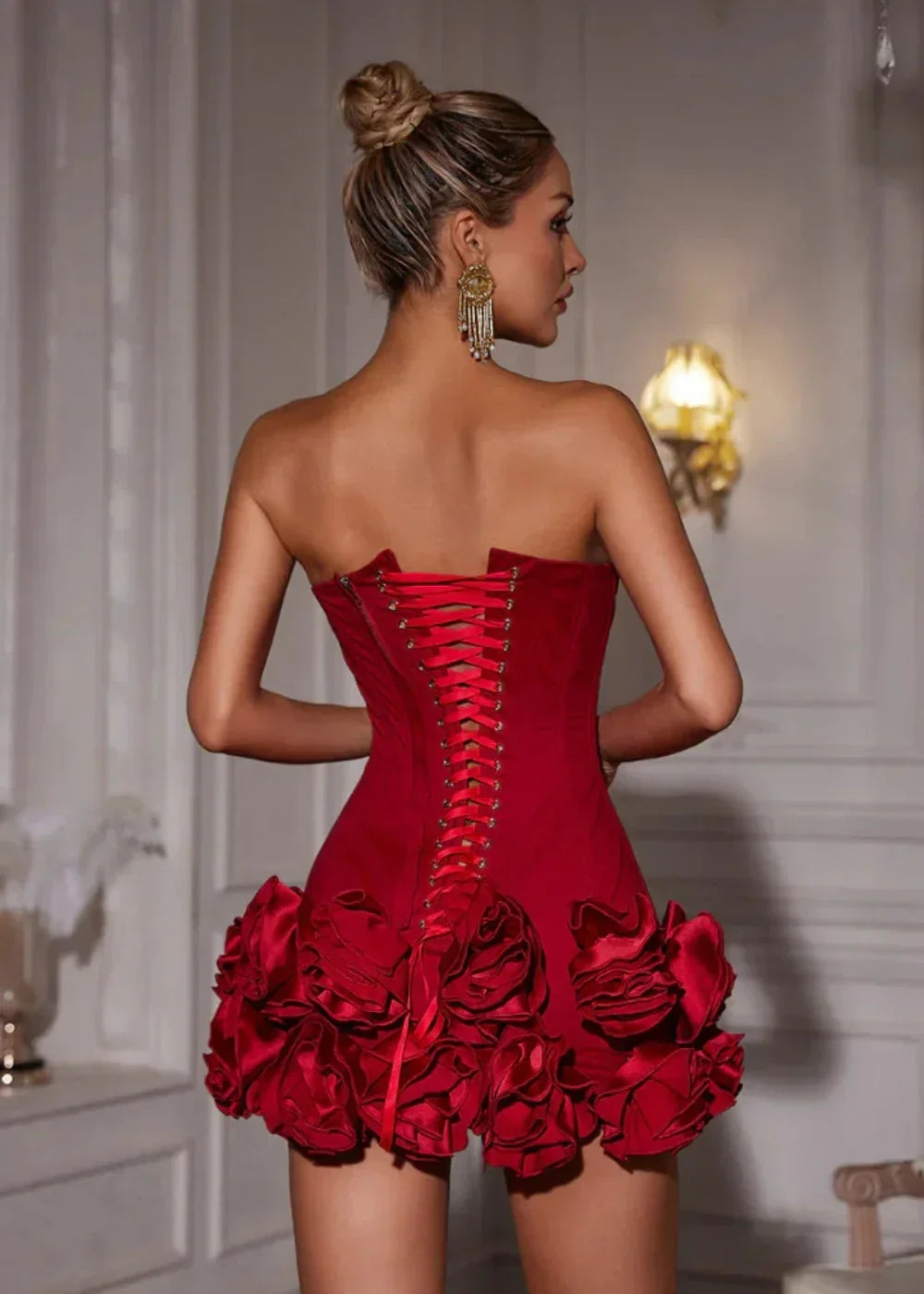 Red Short Strapless Dress with Floral Details