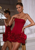 Red Short Strapless Dress with Floral Details