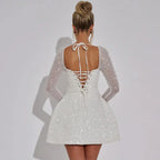 Short Women's Evening Dress with Sparkling Long Sleeves