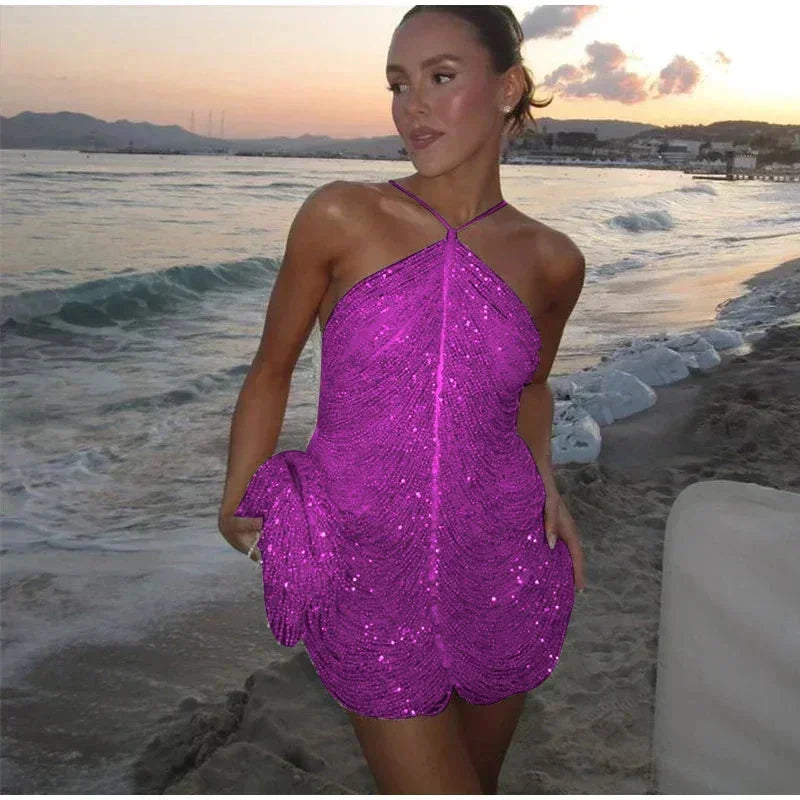 Short women's cocktail dress with sequins and halter neck