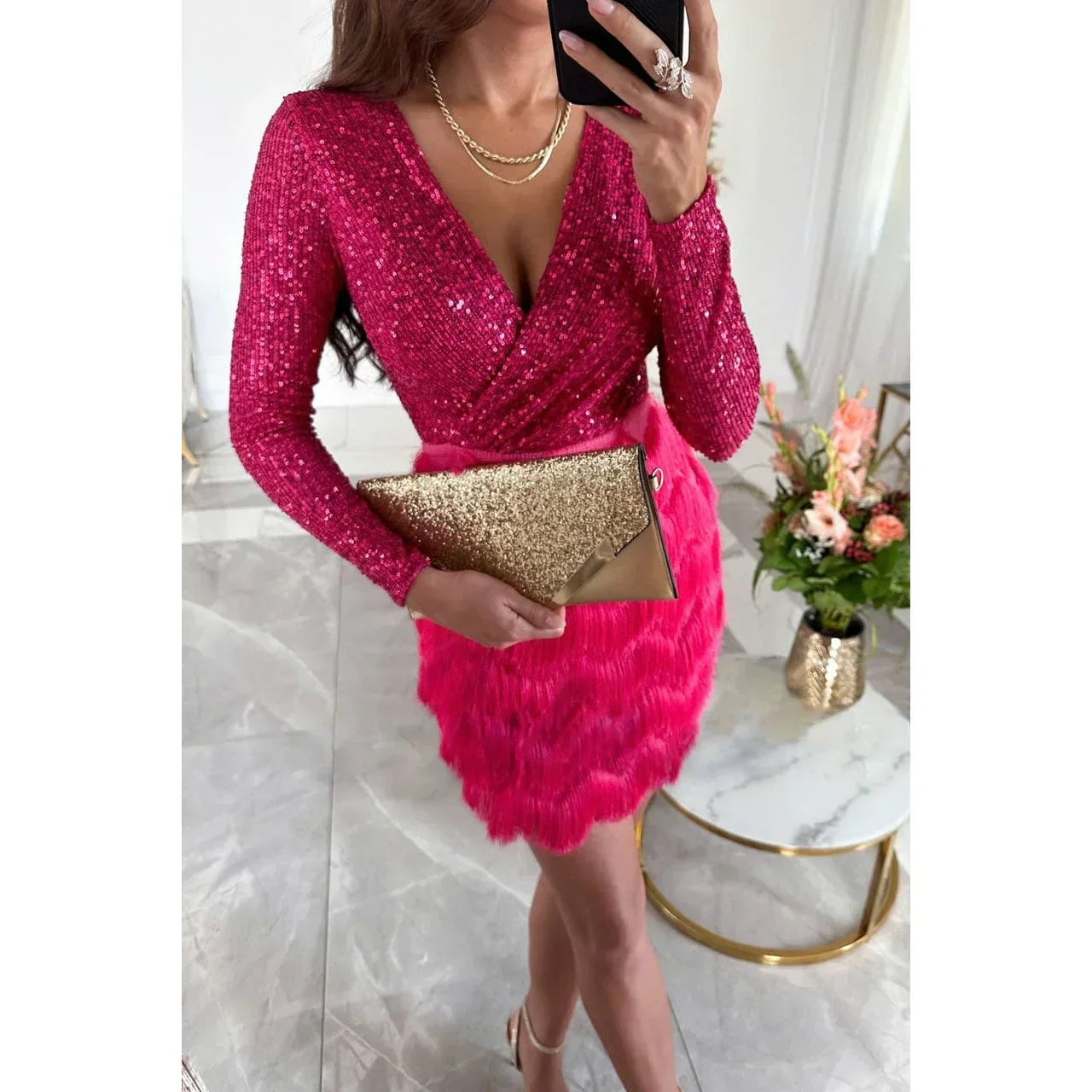 Short Women's Sequin Dress with Long Sleeves, Cross Skirt, and Feathers