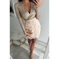 Short Women's Sequin Dress with Long Sleeves, Cross Skirt, and Feathers