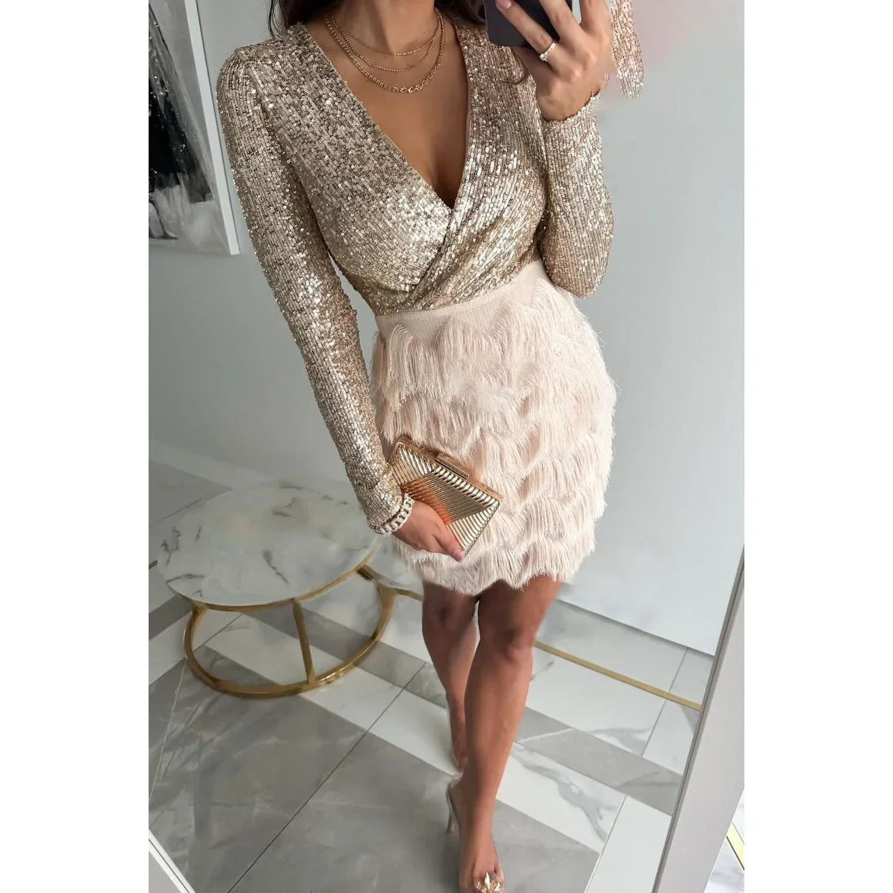 Short Women's Sequin Dress with Long Sleeves, Cross Skirt, and Feathers