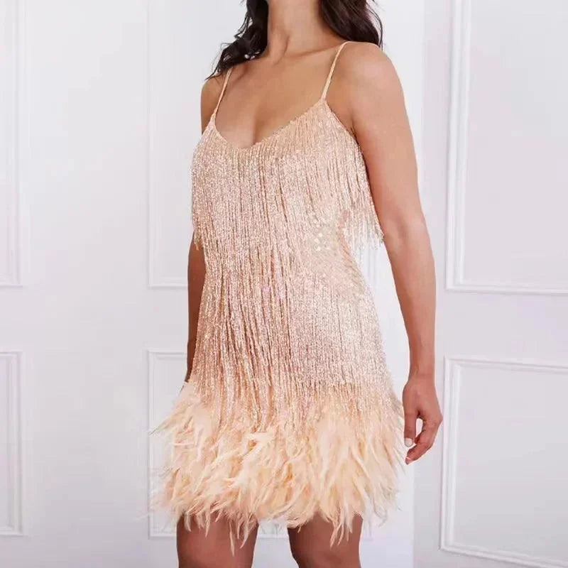 Short Evening Dress With Sequins And Feathers Thin Straps