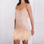 Short Evening Dress With Sequins And Feathers Thin Straps