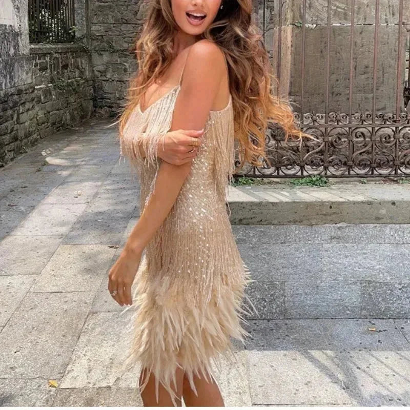 Short Evening Dress With Sequins And Feathers Thin Straps