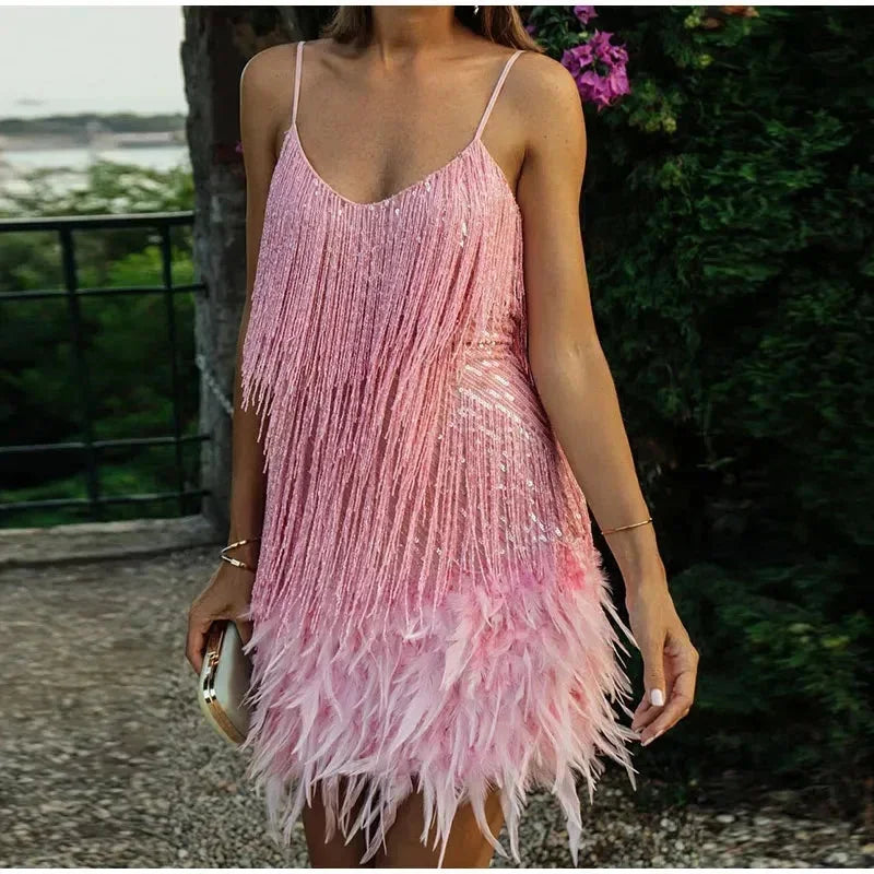 Short Evening Dress With Sequins And Feathers Thin Straps