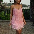 Short Evening Dress With Sequins And Feathers Thin Straps