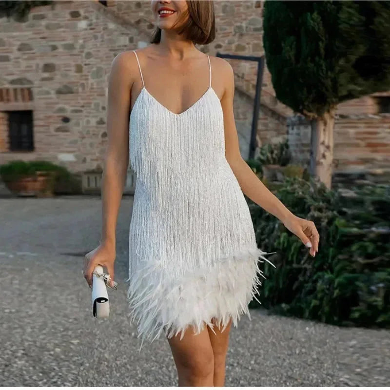 Short Evening Dress With Sequins And Feathers Thin Straps