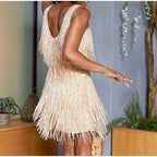 Short Evening Dress With Sequins And Feathers Thin Straps