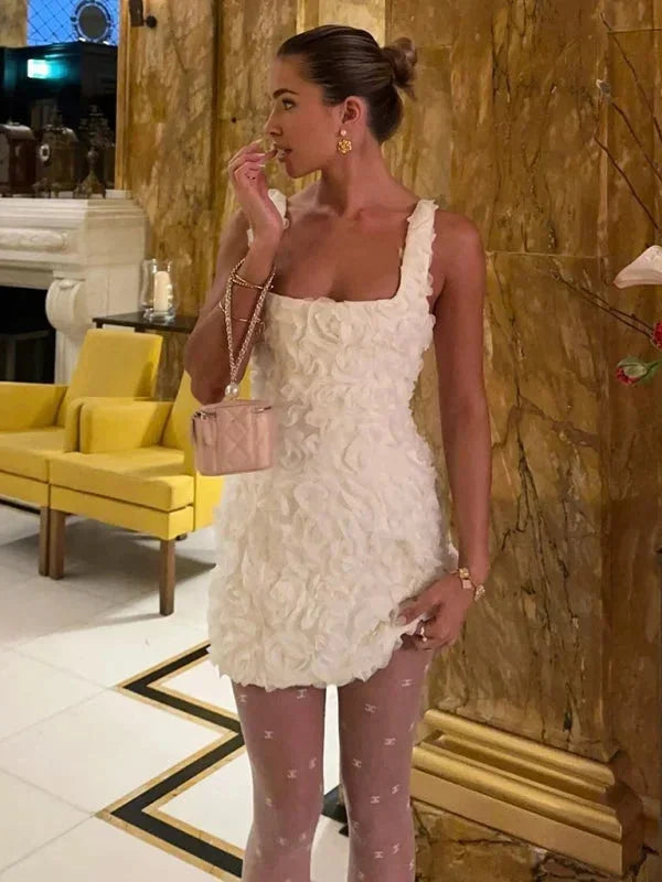 Short Evening Dress with Straps and Floral Texture