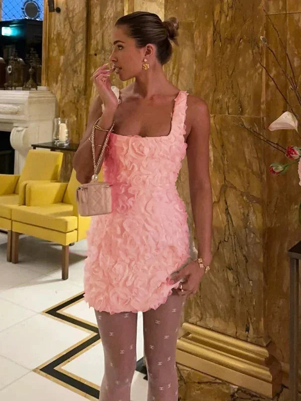 Short Evening Dress with Straps and Floral Texture