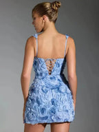 Short Evening Dress with Straps and Floral Texture