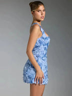 Short Evening Dress with Straps and Floral Texture