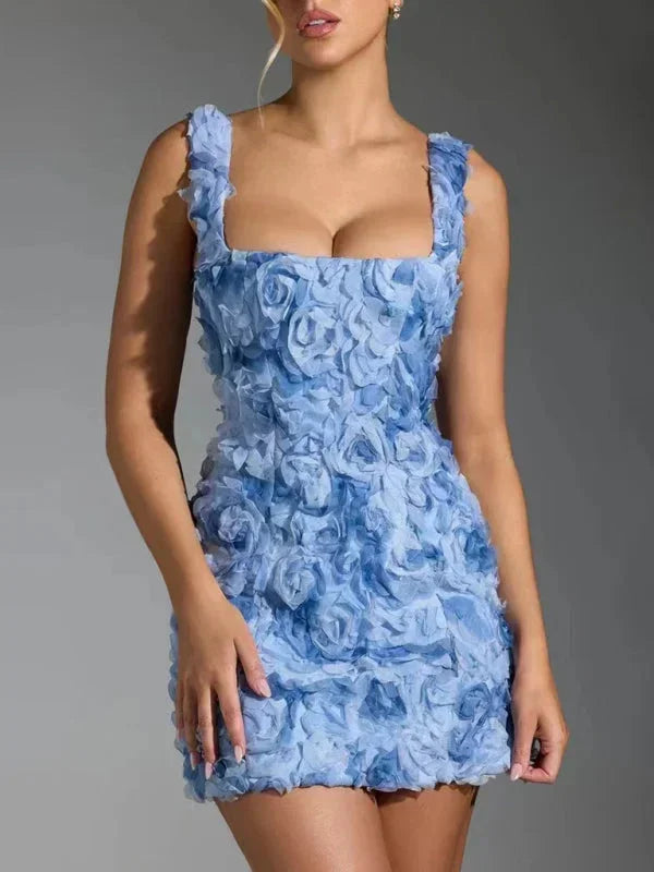 Short Evening Dress with Straps and Floral Texture