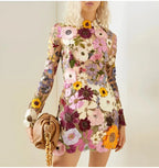 Short Transparent Floral Dress for Women with Long Sleeves for Evenings