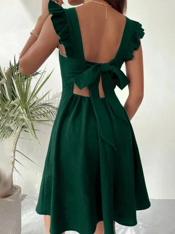 Flared Short Dress for Women with Ruffled Sleeves - Summer Style