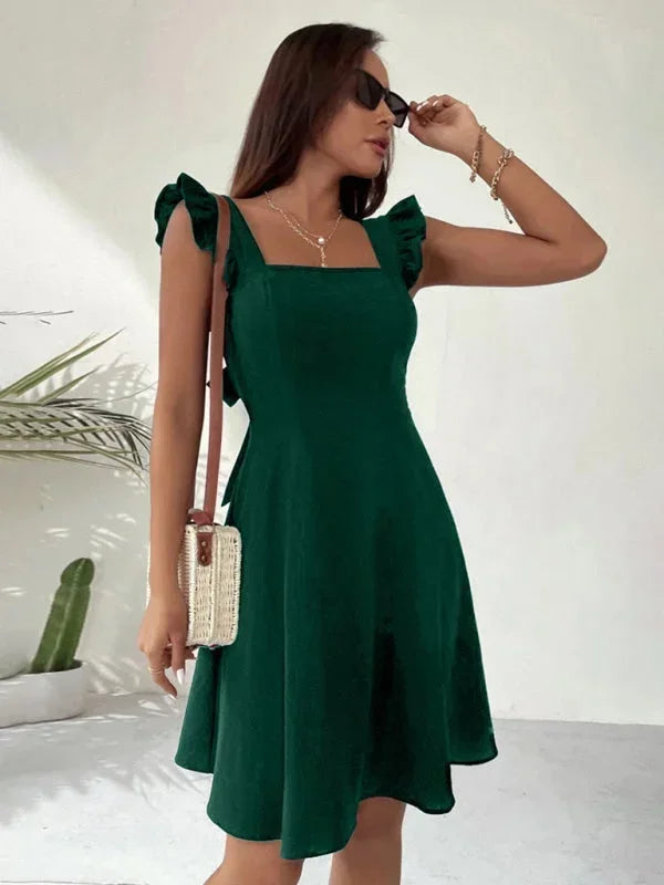 Flared Short Dress for Women with Ruffled Sleeves - Summer Style