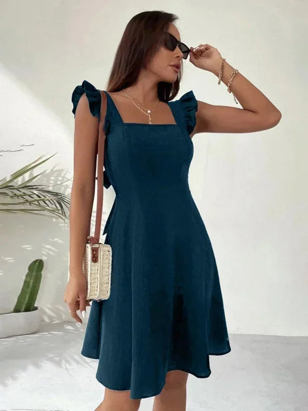 Flared Short Dress for Women with Ruffled Sleeves - Summer Style
