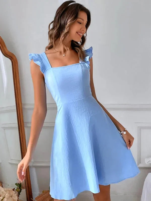 Flared Short Dress for Women with Ruffled Sleeves - Summer Style